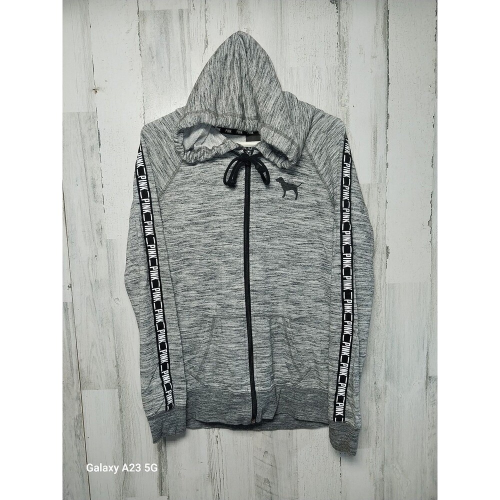 Victoria's Secret PINK Womens Sleeve  Spellout Logo Full Zip Gray Hoodie Size S